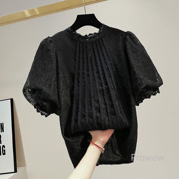 

women's blouses & shirts black lace blouse women 2021 summer ladies fashion stand collar puff sleeve short blusas para mujer, White