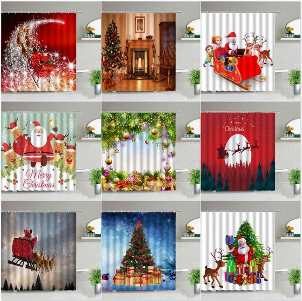 

shower curtains christmas curtain set funny santa claus snowman elk fireplace holiday cartoon bathroom decor washable xmas bathtub screen