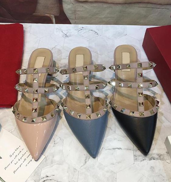 

sandals women high-heeled luxury designer v sandals loafer summer leather flat rivets shoes slippers, Black