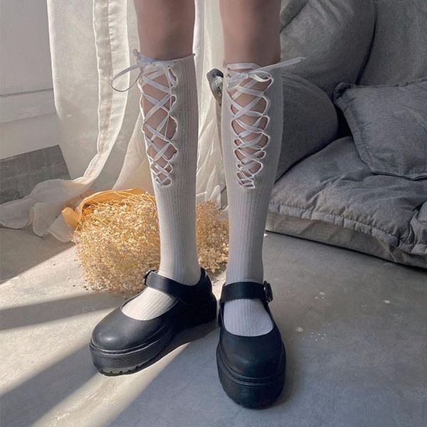 

socks & hosiery sweet women cosplay lolita cotton bandage stocking ribbon ladies knee high, Black;white