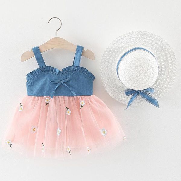 

baby girl summer denim tulle dress with cap bow ruffle dresses 0-3 yrs outfit little clothes girl's, Red;yellow