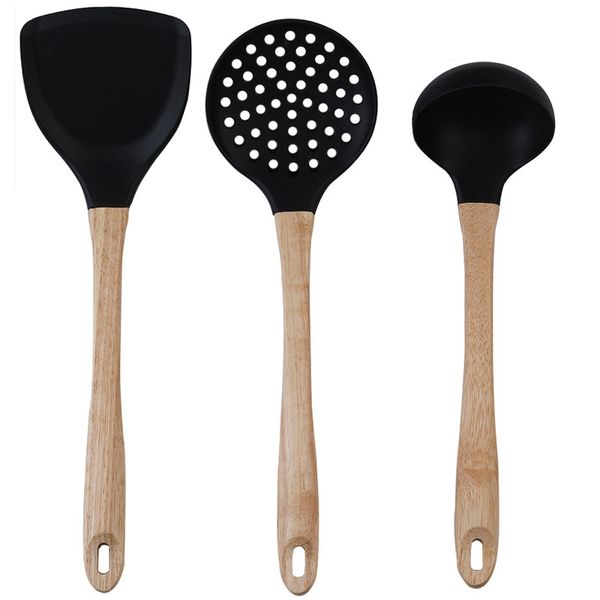 Cozinhar utensílios Spatula Sopa Sopa Sopa Resistindo Non Stick Silicone Wooden Handle Cozinha Pás Colander Kitchenware Wly BH4750