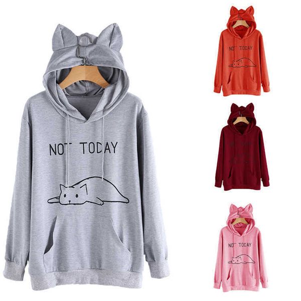 

fashion hoodies loose cat print hooded women's cute sweater, Black