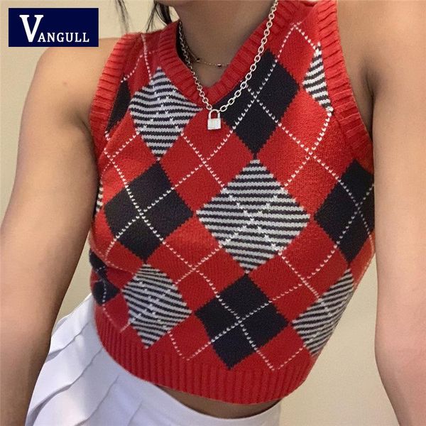 

women's vests vangull argyle tank sweater women preppy style casual sleeve knitted crop jumper vintage mini vest autumn fashion girl, Black;white