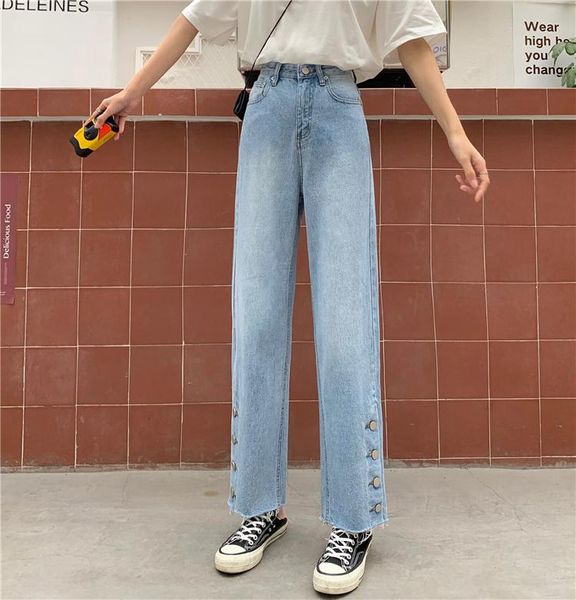 

korean style button design high waist jeans women loose and versatile blue denim clothing harajuku women's trousers