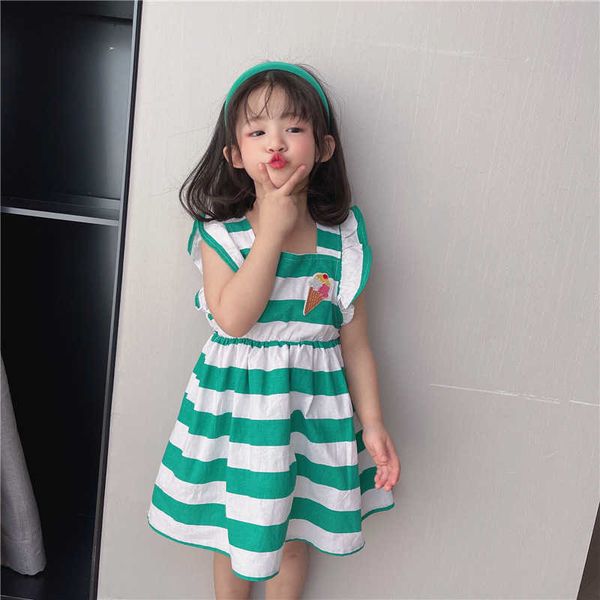 

korean girls striped cotton causal dress clothing for kids ruffles sleeve carrot lovely summer sundress 210529, Red;yellow