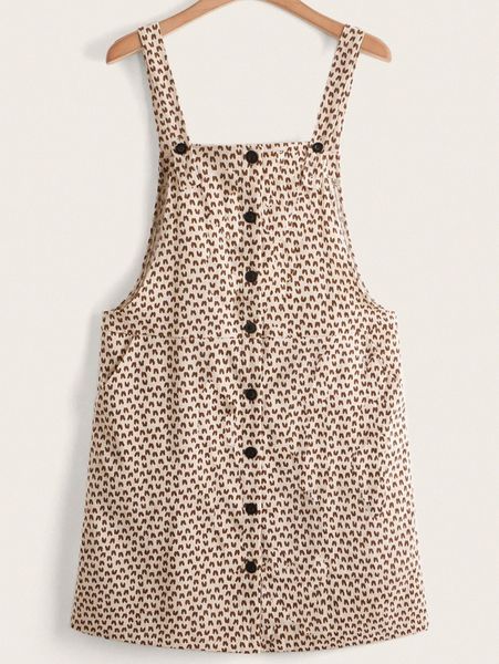 

plus allover print button detail overall dress h4al#, Black