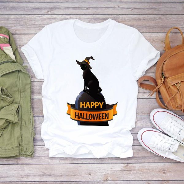 

women's t-shirt women cat witch halloween cartoon cute fall womens graphic female tee autumn lady print t-shirts t shirt ladies, White