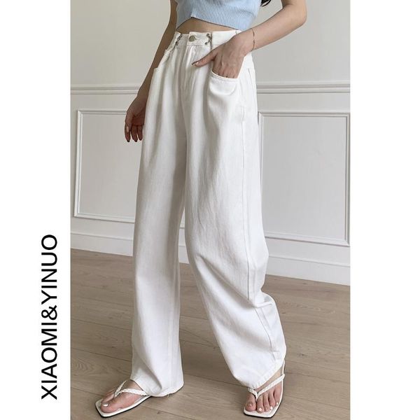 

women's jeans pants white high waist oversize polyester casual summer, Blue