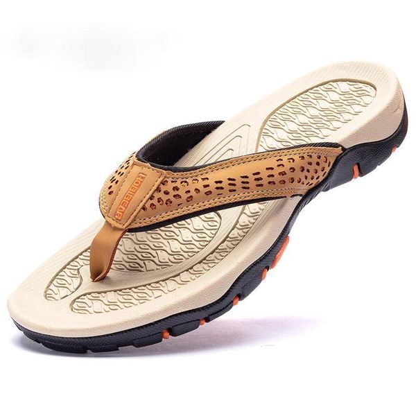 

summer outdoor genuine leather flat casual mens flip flops slippers s 2021 beach hard-wearing plus big, Black