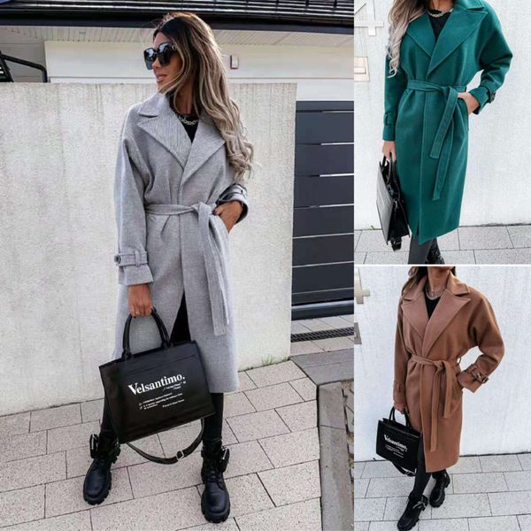 

autumn winter simple long sleeve lapel bandage wool coat women's wear, Black;brown