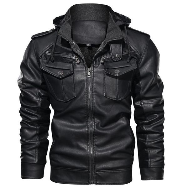 

men's fur & faux leather jackets winter fleece thick mens hooded motorcycle pu coats male fashion outwear brand clothing, Black