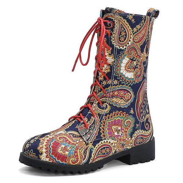 

boots fanyuan 2021 autumn winter med chunky heels print lace up knight motorcycle biker women mid calf booties ladies shoes, Black
