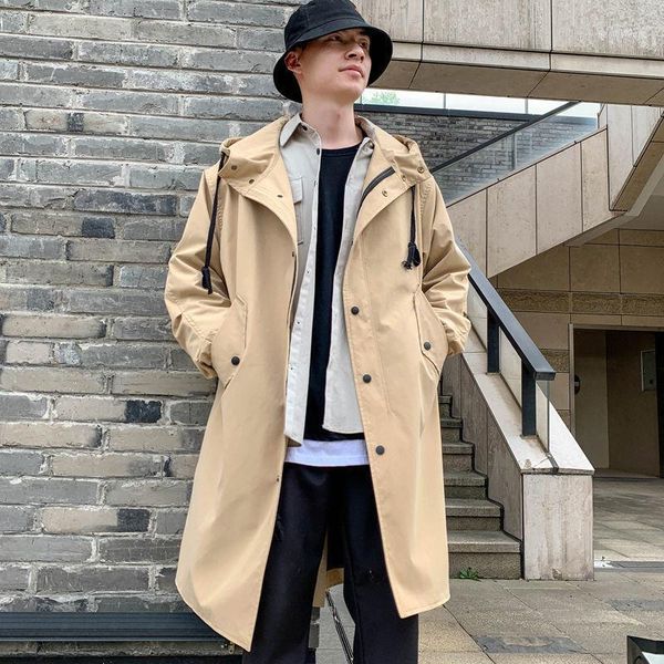

men's trench coats windbreaker long overcoat middle style, Tan;black