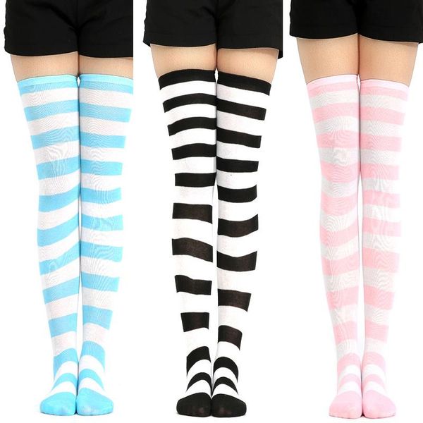 

socks & hosiery 2021 cute stockings women's japanese-style blue white stripe knee legs cosplay anime, Black;white