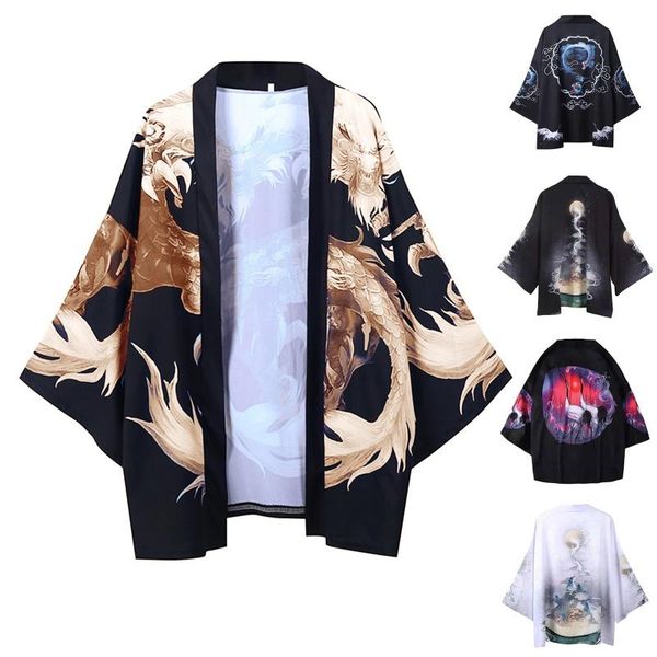 

men's sweaters kimono cardigan oversize shirts pattern printed shirt taoist gown spring autumn japanese coat, White;black