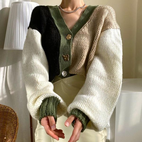 

women's knits & tees [ewq] chic color contrast knitted cardigan women autumn winter 2021 v-neck loose single breasted long sleeve sweat, White