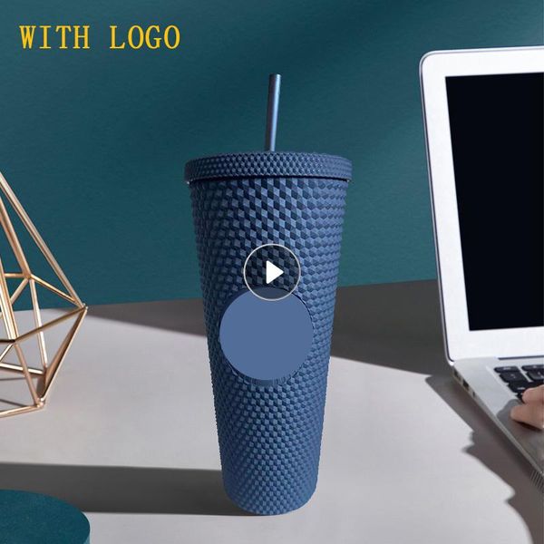 

mugs 710ml diamond straw cup durian mug with lid logo as material double-layer reusable tumbler coffee