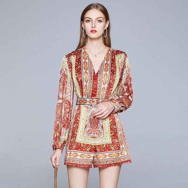 

women's jumpsuits & rompers bohemian printed female playsuit romper women lantern sleeve sashes pocket loose summer ladies overall k180, Black;white