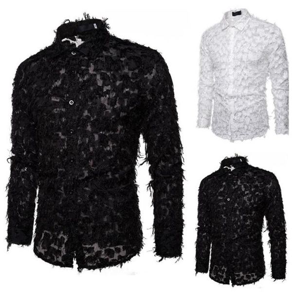 

men's casual shirts hollow transparent shirt mens nightclub host singer performance clothes personality feather long-sleeved large size, White;black