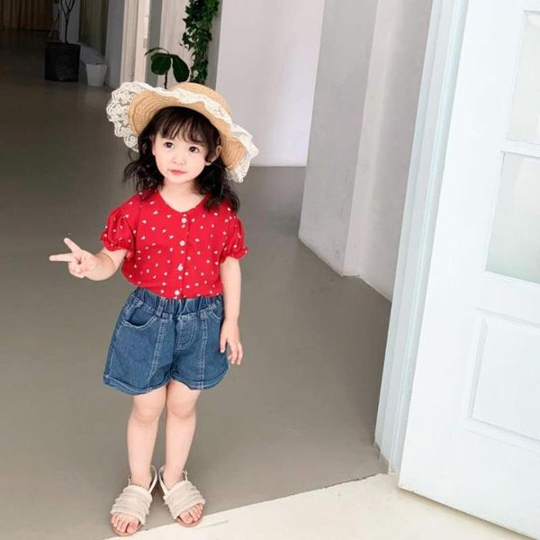 

shirts spring and summer girl cotton v-neck short sleeve love heart pattern casual single-breasted shirt, White;black