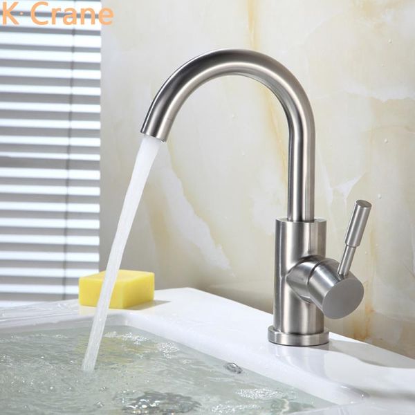 

stainless steel brushed faucets bathroom cold water mixer tap single handle hole kraan 360 degree swivel torneiras sink