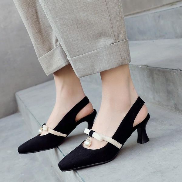 

dress shoes spring suede thick sandals women's mid-heeled bow round head wild four seasons ladies large size, Black
