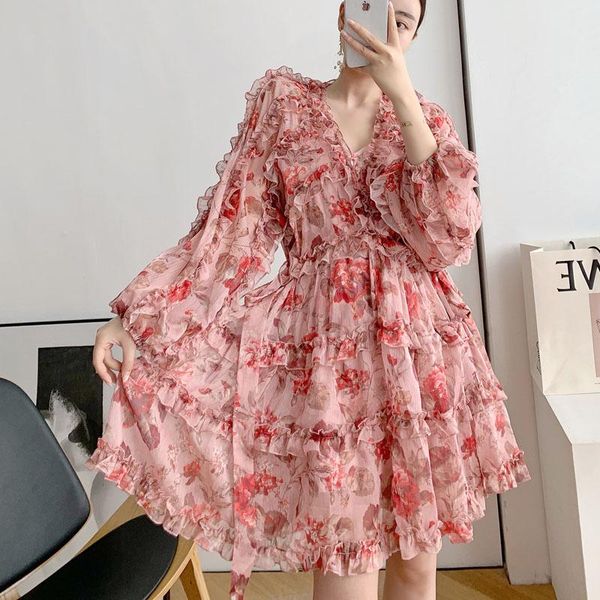 

casual dresses vkbn summer dress women 2021 long lantern sleeve v-neck chiffon floral printing evening sundress, Black;gray