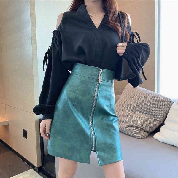 

skirts autumn winter fashion a-line metallic faux pu leather short coolr zipper green mini gvg9, Black