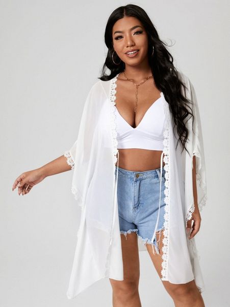 

plus tie front lace trim sheer kimono j53h#, Black