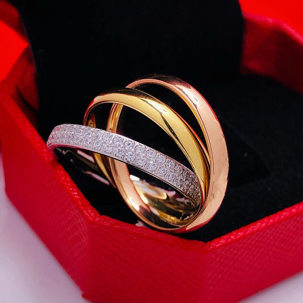 

european and american fashion three-ring three-color stainless steel rose gold titanium steel net red couple ring wholesale ring, Golden;silver