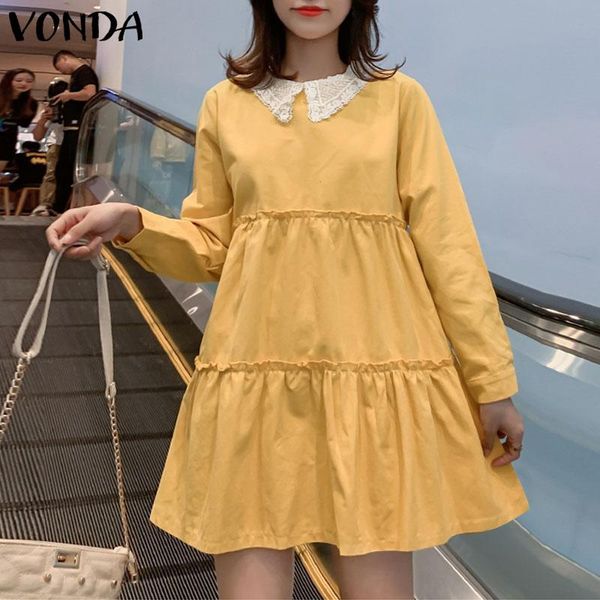 

casual dresses women dress long sleeve sailor collar pleated mini party 2021 vonda summer beach robe vestidos plus size, Black;gray