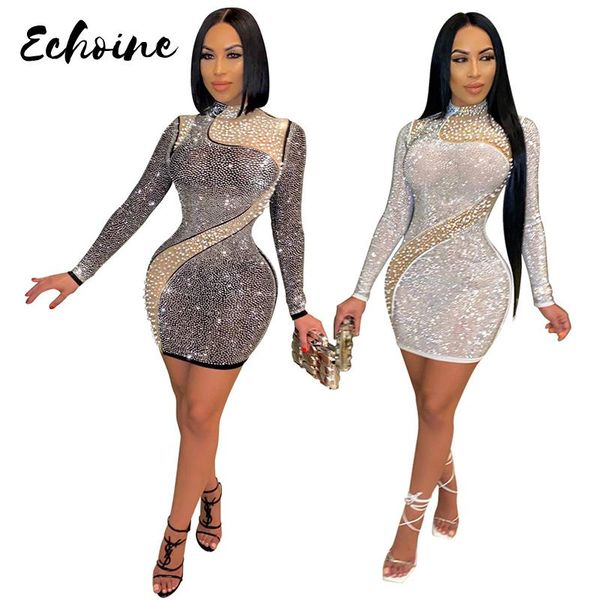 

women sequins bodycon club dress o neck long sleeve sheer mesh bandage mini party dresses 2021 autumn white black outfits casual, Black;gray
