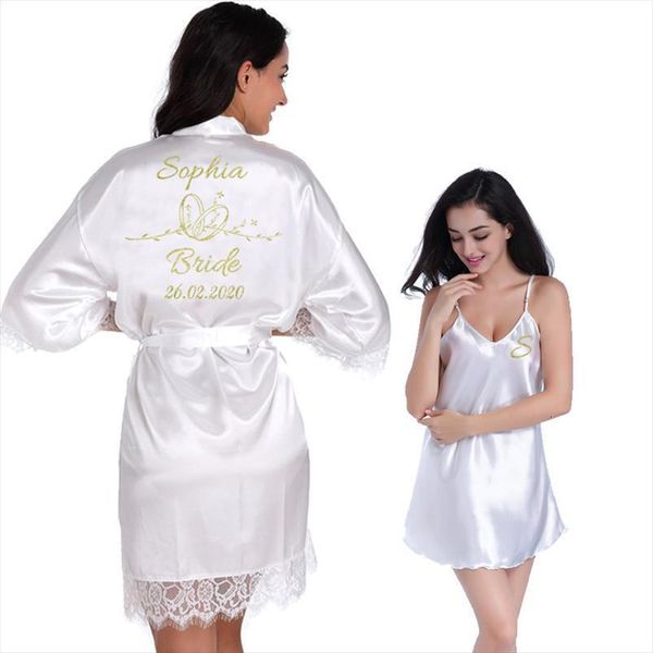 

customized name wedding nightgown sets womens sleepwears 2 pieces nightdress bathrobe satin kimono bath gown sleepwear pink robes suit, Black;red