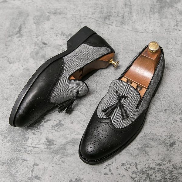 

dress shoes emosewa men genuine wingtip leather oxford pointed toe laces up oxfords brogues wedding business platform, Black