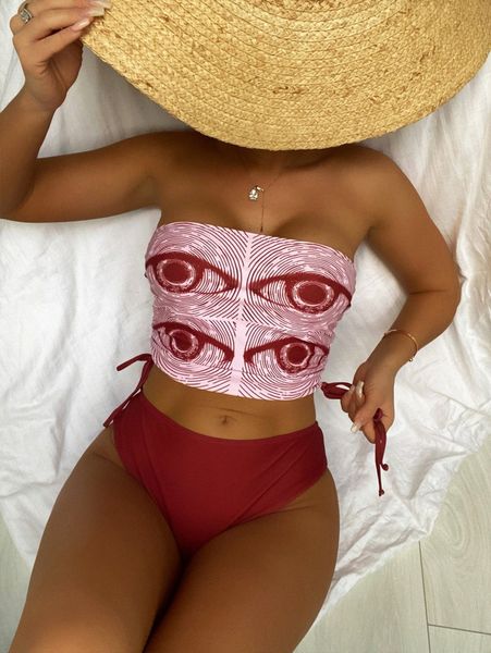 

circular pattern drawstring side bandeau bikini swimsuit o78o#, White;black