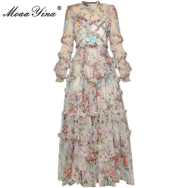 MoaaYina Mode Designer Kleid Frühling Damen Kleid Laterne Ärmel Mesh Print Cascading Rüschen Urlaub Ballkleid Kleider 210806