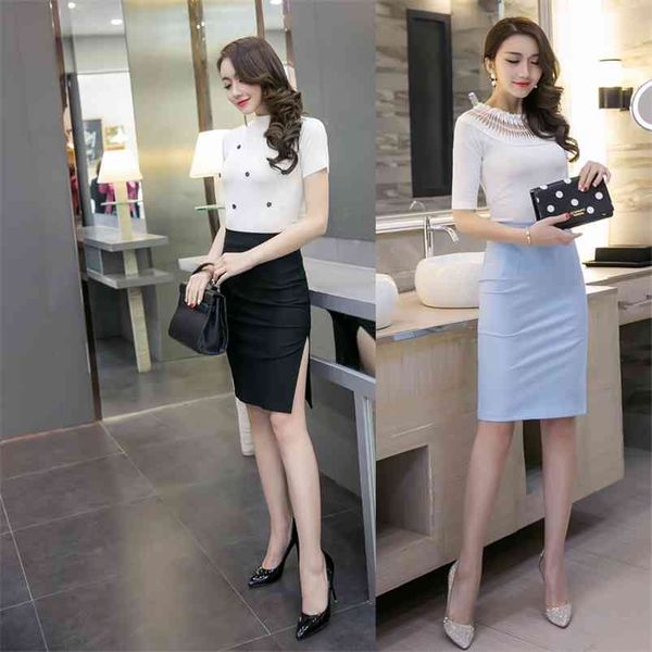 

spring autumn women's skirt korean style solid color stretch high waist split slim female s gx560 210507, Black