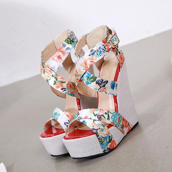 

sandals 2021 summer fashion peep toe solid high platform women shoes silk print flower fabric heels cross straps wedges, Black