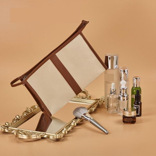 

storage bags quality fine grain canvas toilet bag zipper portable cosmetic pu leather stitching travel men and women