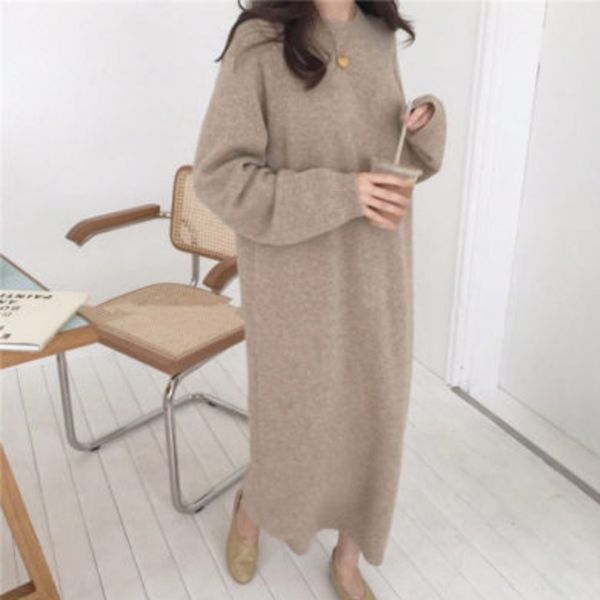 

temperament solid color loose round neck chic simple thick knitted sweater long skirt dress 210514, White;black