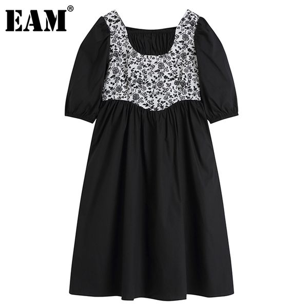

[eam] women white black floral pleated dress square collar half puff sleeve loose fit fashion spring autumn 1dd5878 210512, Black;gray