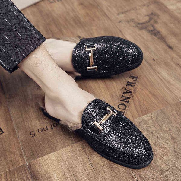 

slippers designer slippers mens fur mules coiffeur summer genuine leather brand loafers luxury slipper men half shoes for man winter home 22, Black