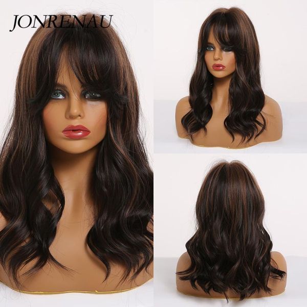 

synthetic wig with bangs dark brown highlights long natural wave party fake hair wigs for white/black women1