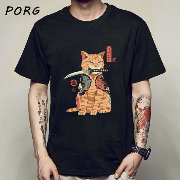 

men catana cool summer loose men/women t shirt casual short sleeve cat print anime tshirt japane t- tee, White;black