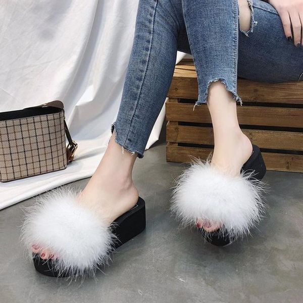 

slippers coolsa ladies qstrich fluffy fur outside muffin thick sole slides furry casual plush wedges shoes, Black