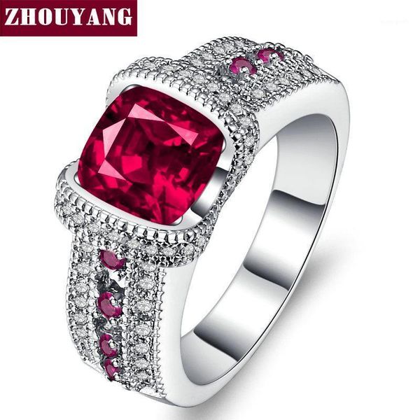 

cluster rings luxurious square red cubic zirconia cocktail silver color fashion jewelry ring party working gift for women yg0121, Golden;silver