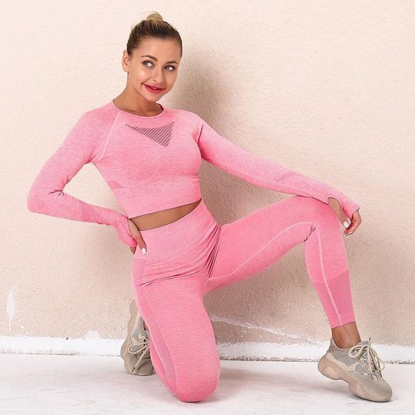 

yoga outfit seamless 2 pieces set sport women suit long sleeve shirt+leggings sportsuit workout fitness gym clothes