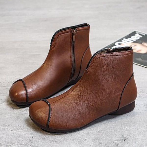 

boots women retro ankle soft pu leather vintage ladies shoes female short boot casual winter comfortable fashion cowboy, Black