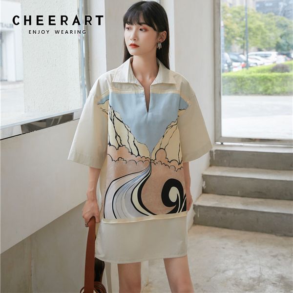 

painting collar loose dress women summer mini shirt with slit short sleeve designer yellow korean fashion 210427, Black;gray